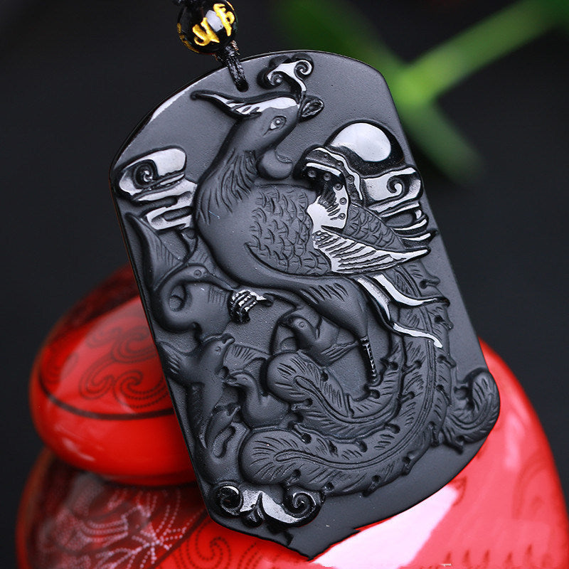 Natural Frosted Obsidian Zhuque Pendant Phoenix Pendant