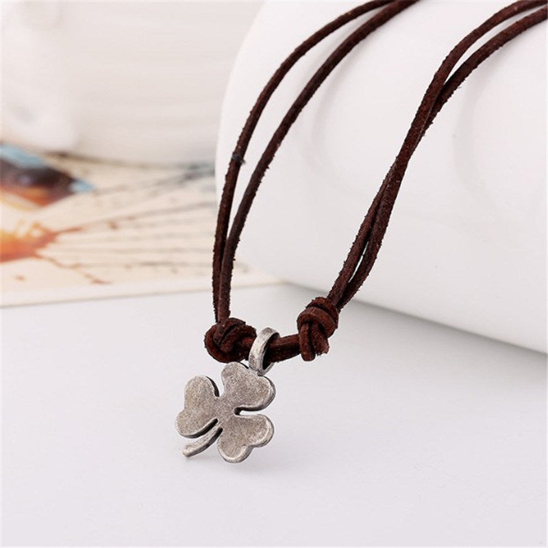 European And American Style Genuine Leather Necklace Short Men's Alloy Clover Necklace Vintage Coarse Ore Cowhide Necklace Chain