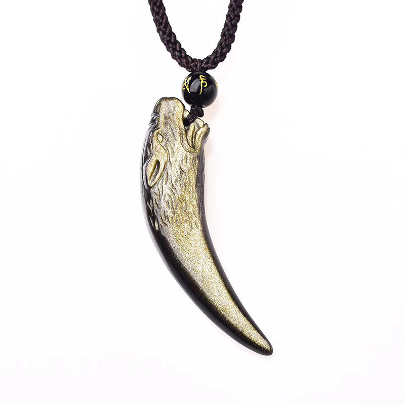 Men's And Women's Natural Obsidian Wolf Tooth Shape Pendant Necklace