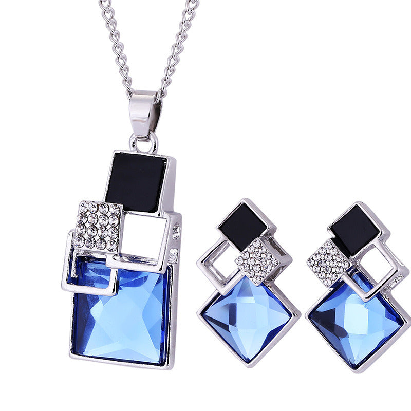 Diamond Jewelry Set Personalized All-match Square Crystal Anti-allergy Earrings Necklace Two-piece Set