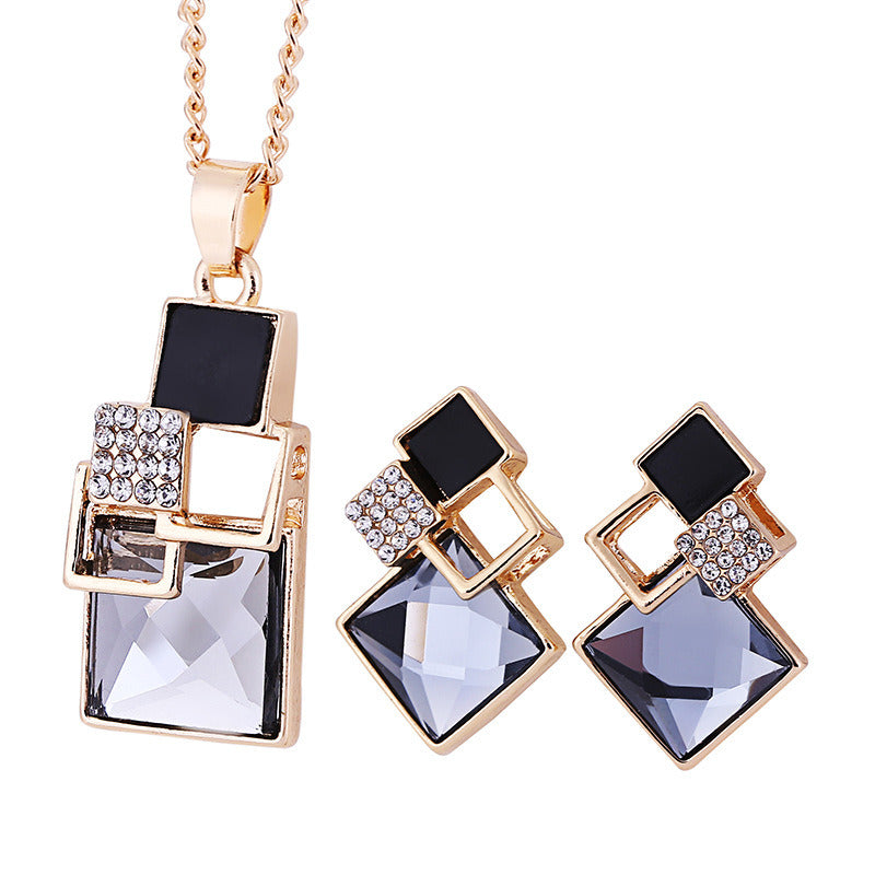 Diamond Jewelry Set Personalized All-match Square Crystal Anti-allergy Earrings Necklace Two-piece Set