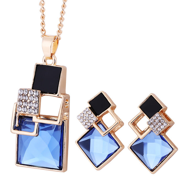 Diamond Jewelry Set Personalized All-match Square Crystal Anti-allergy Earrings Necklace Two-piece Set