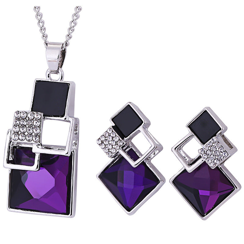 Diamond Jewelry Set Personalized All-match Square Crystal Anti-allergy Earrings Necklace Two-piece Set