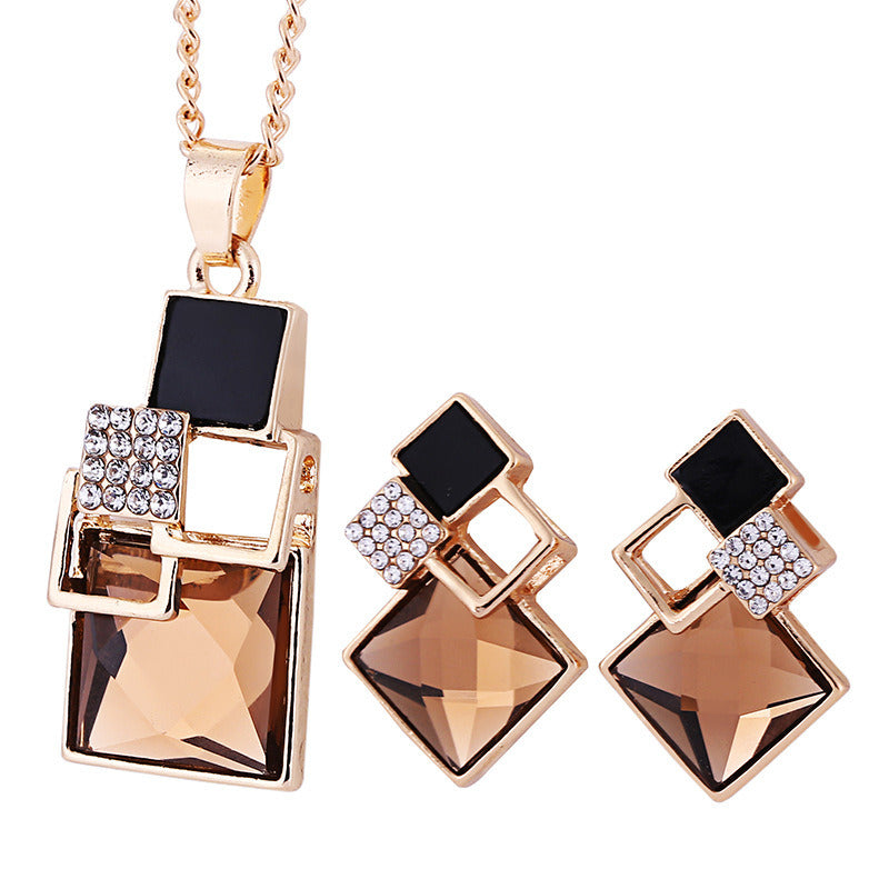 Diamond Jewelry Set Personalized All-match Square Crystal Anti-allergy Earrings Necklace Two-piece Set