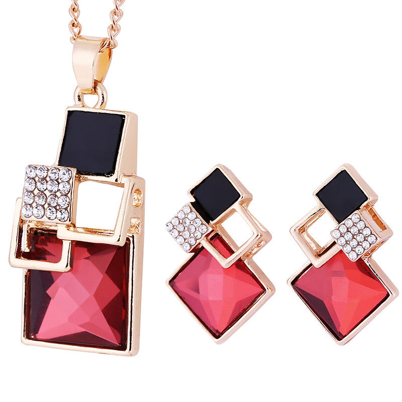 Diamond Jewelry Set Personalized All-match Square Crystal Anti-allergy Earrings Necklace Two-piece Set