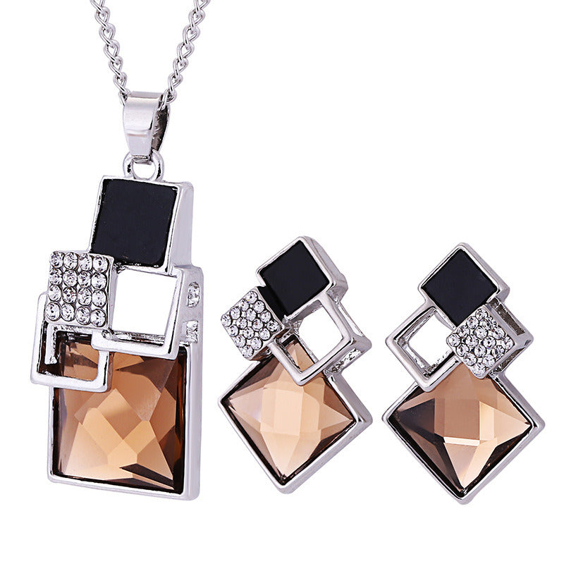 Diamond Jewelry Set Personalized All-match Square Crystal Anti-allergy Earrings Necklace Two-piece Set