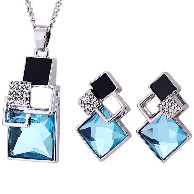 Diamond Jewelry Set Personalized All-match Square Crystal Anti-allergy Earrings Necklace Two-piece Set