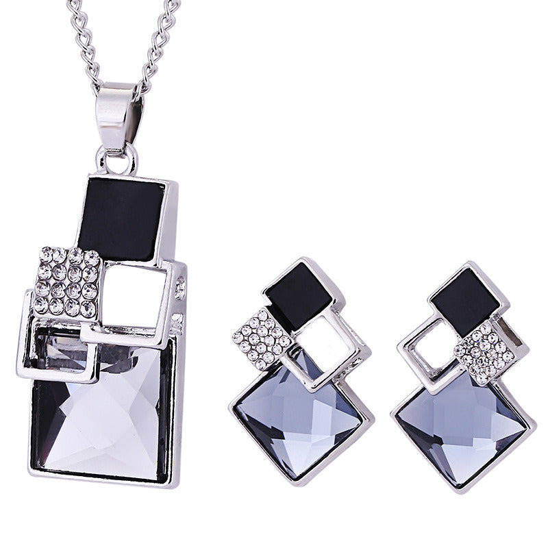 Diamond Jewelry Set Personalized All-match Square Crystal Anti-allergy Earrings Necklace Two-piece Set