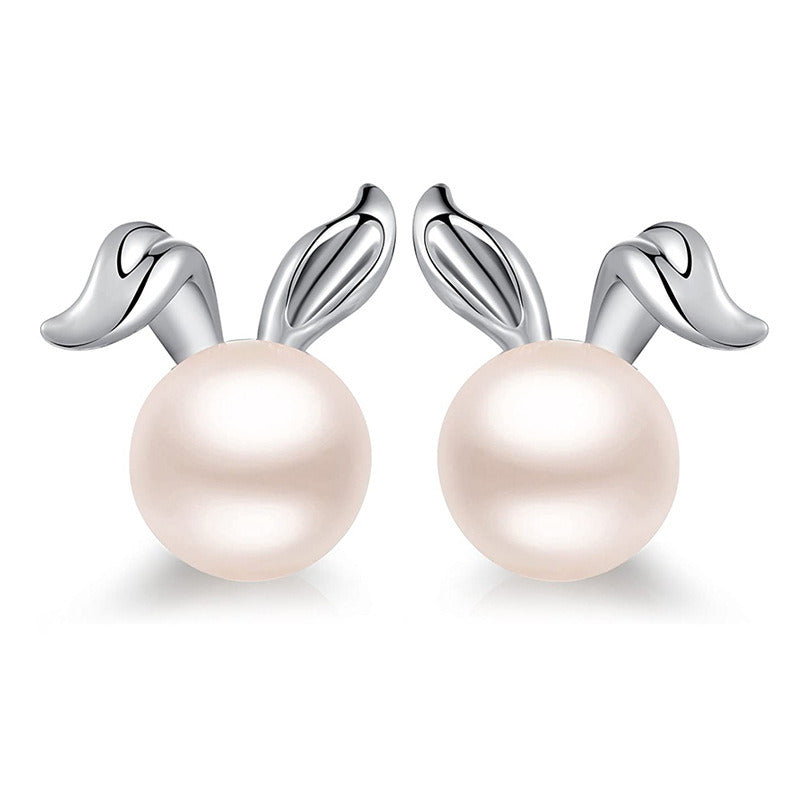 925 Silver Freshwater Pearl Asymmetric Rabbit Stud Earrings