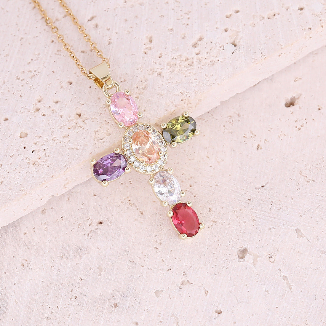 Copper Micro Zircon-laid Necklace Multicolor Cross Pendant Hip Hop Necklace Clavicle Chain