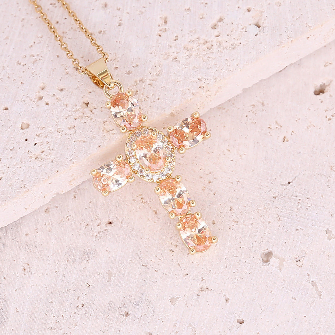 Copper Micro Zircon-laid Necklace Multicolor Cross Pendant Hip Hop Necklace Clavicle Chain