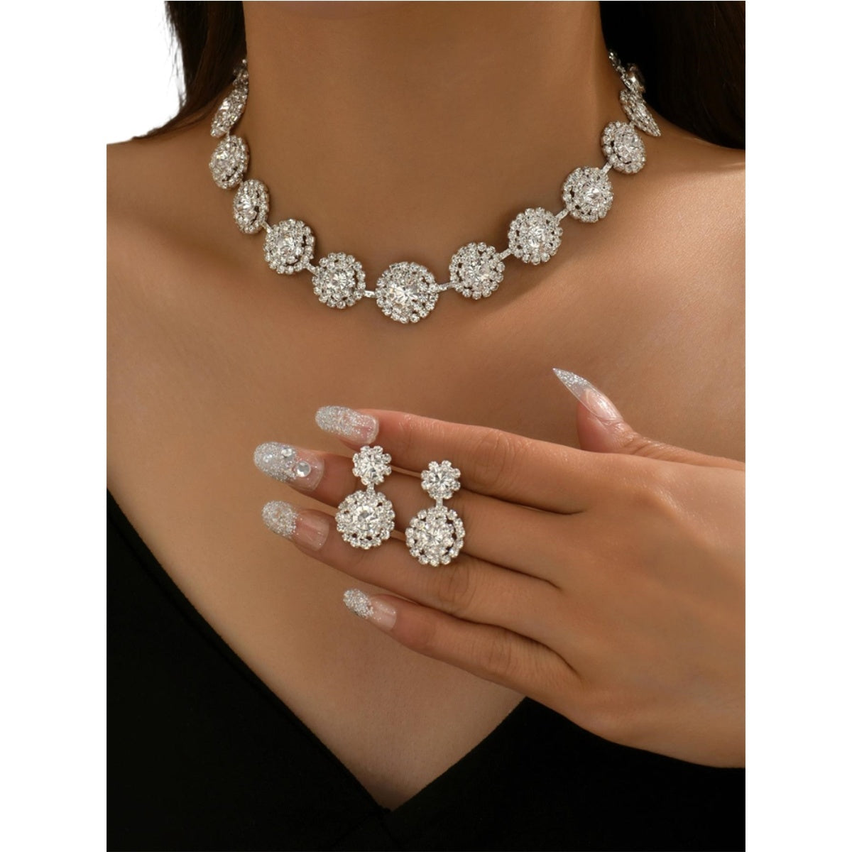 Full Rhinestone Round Shape Bridal Luxury Jewelry Set For Wedding Party