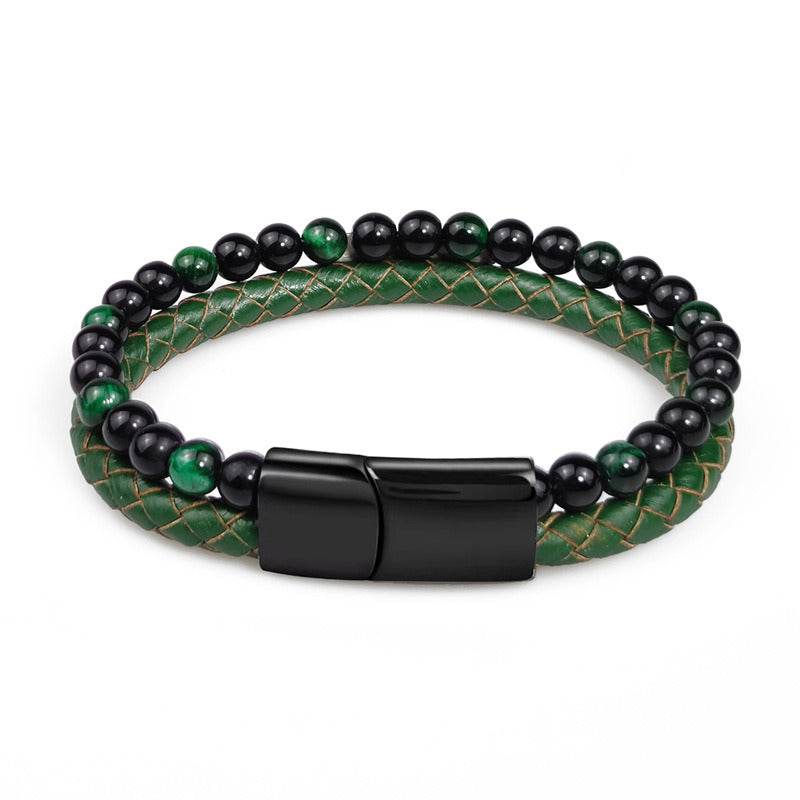 Fashion Multi-layer Beaded Green Tiger Eye Leather Bracelet