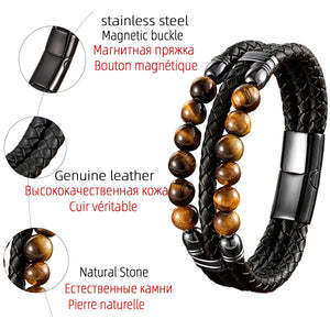 Men's Leather Rope Beaded Bracelet Fashion Three Layers