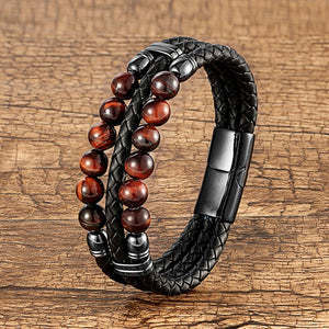 Men's Leather Rope Beaded Bracelet Fashion Three Layers