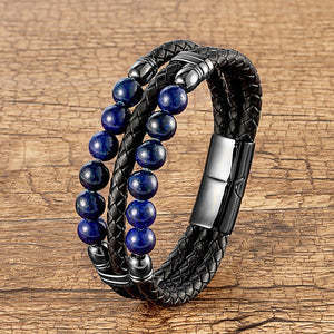 Men's Leather Rope Beaded Bracelet Fashion Three Layers