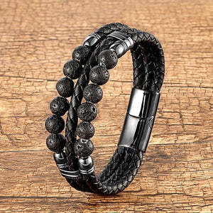 Men's Leather Rope Beaded Bracelet Fashion Three Layers