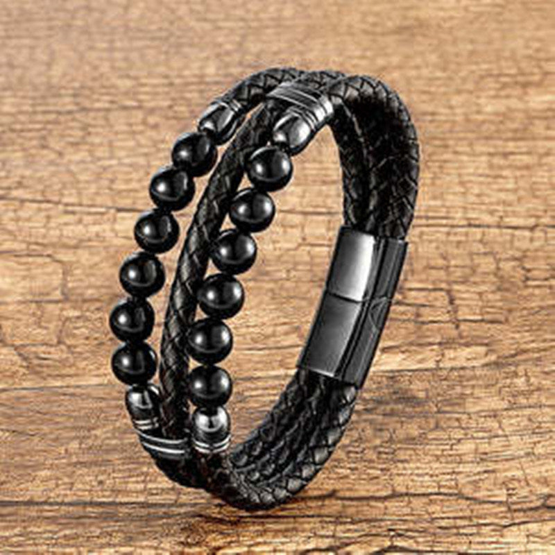 Men's Leather Rope Beaded Bracelet Fashion Three Layers