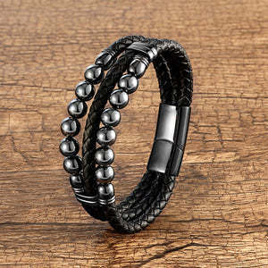 Men's Leather Rope Beaded Bracelet Fashion Three Layers