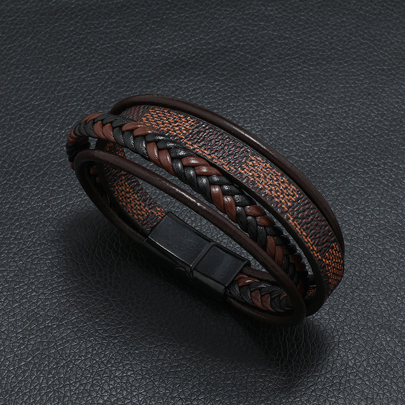 New Men's Authentic Leather Weave Striped Alloy Magnetic Buckle Multi-layer Leather Bangle Bracelet