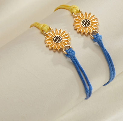 Sunflower Patchwork Color Men's And Women's Adjustable Yellow And Blue Bracelet Sunflower Braided