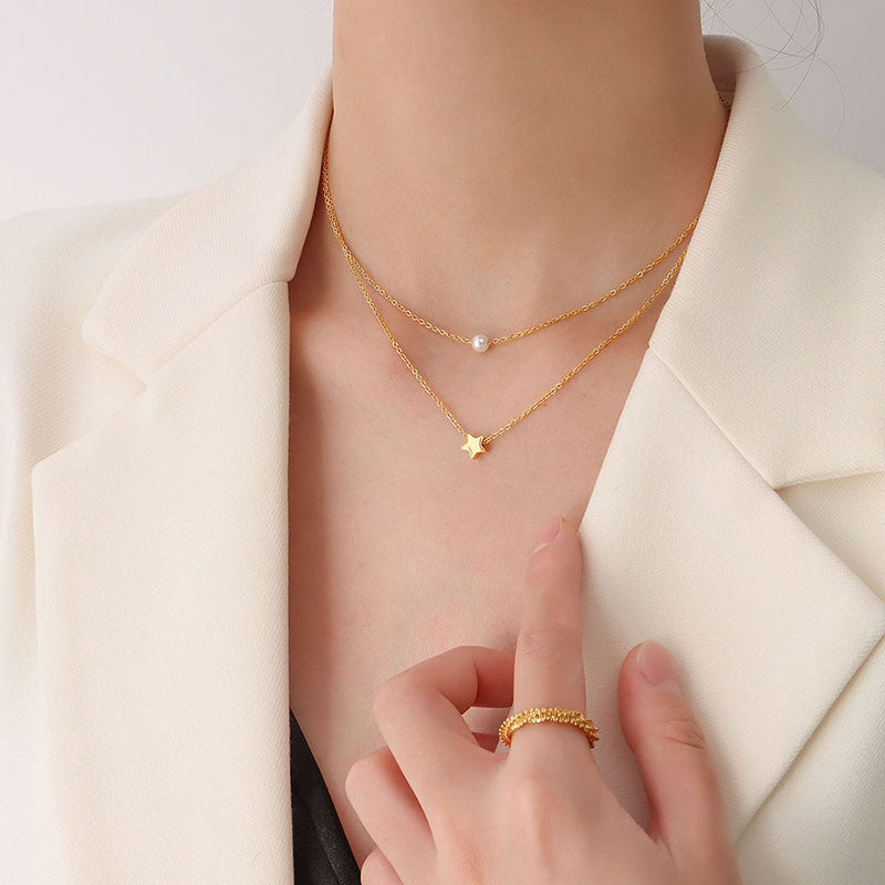 Double-stacked Five-pointed Star Pendant Imitation Pearl Necklace