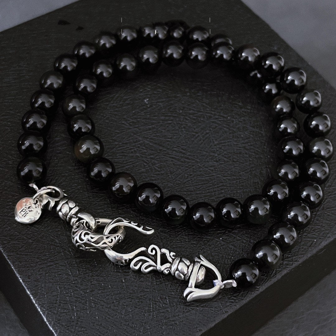 Obsidian Pearl Stone Beaded Dragon Pattern Hook Buckle Necklace