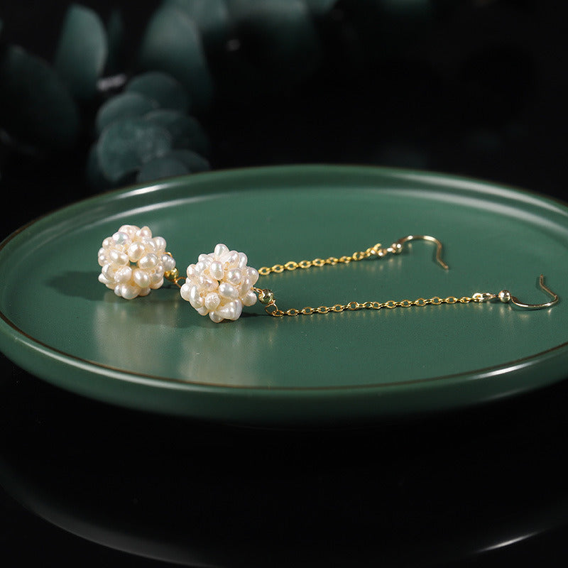 Natural Pearl Handmade Ball Earrings Girly Temperamental Eardrops