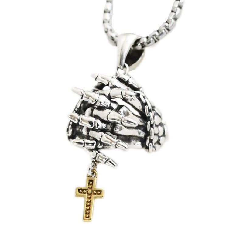 Praying Hands Bone Skull Cross Necklace