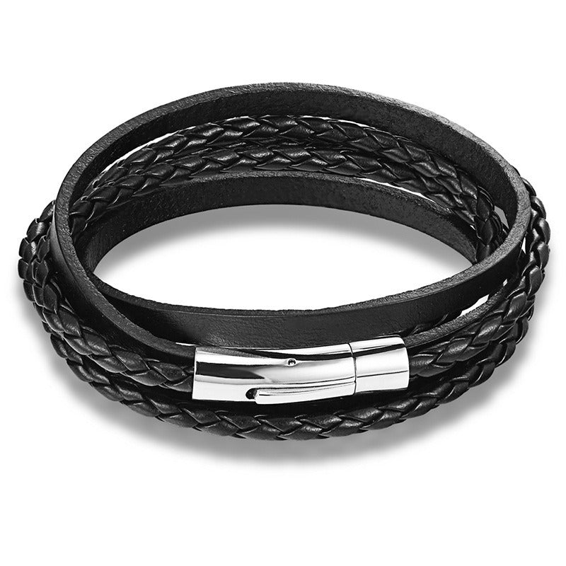 Punk Style Multi-layer Magnetic Buckle Woven Genuine Leather Bracelet