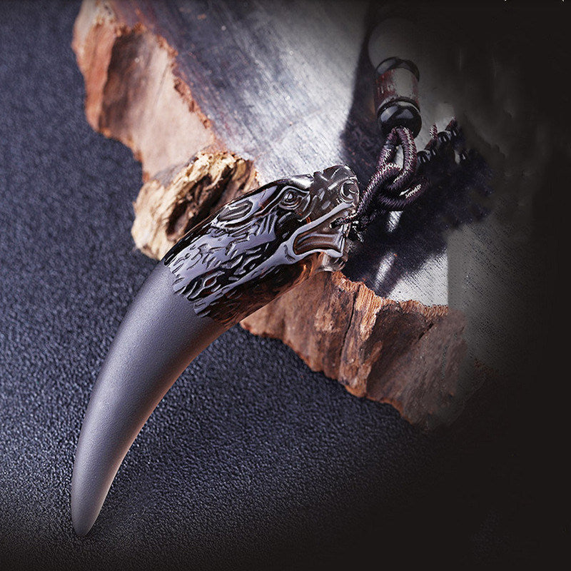 Natural Icy Obsidian Wolf Tooth Pendant Men's Necklace