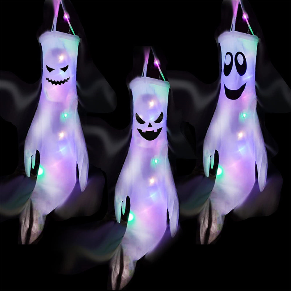 Pack of 3 Halloween Ghost Windsock Hanging Decorations with LED Lights