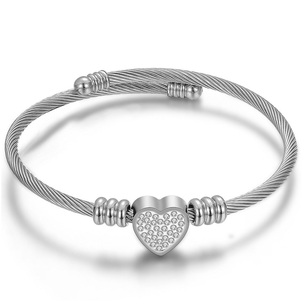 Simple Titanium Steel Heart-shaped Diamond Cable Women's Adjustable Bracelet Wholesale