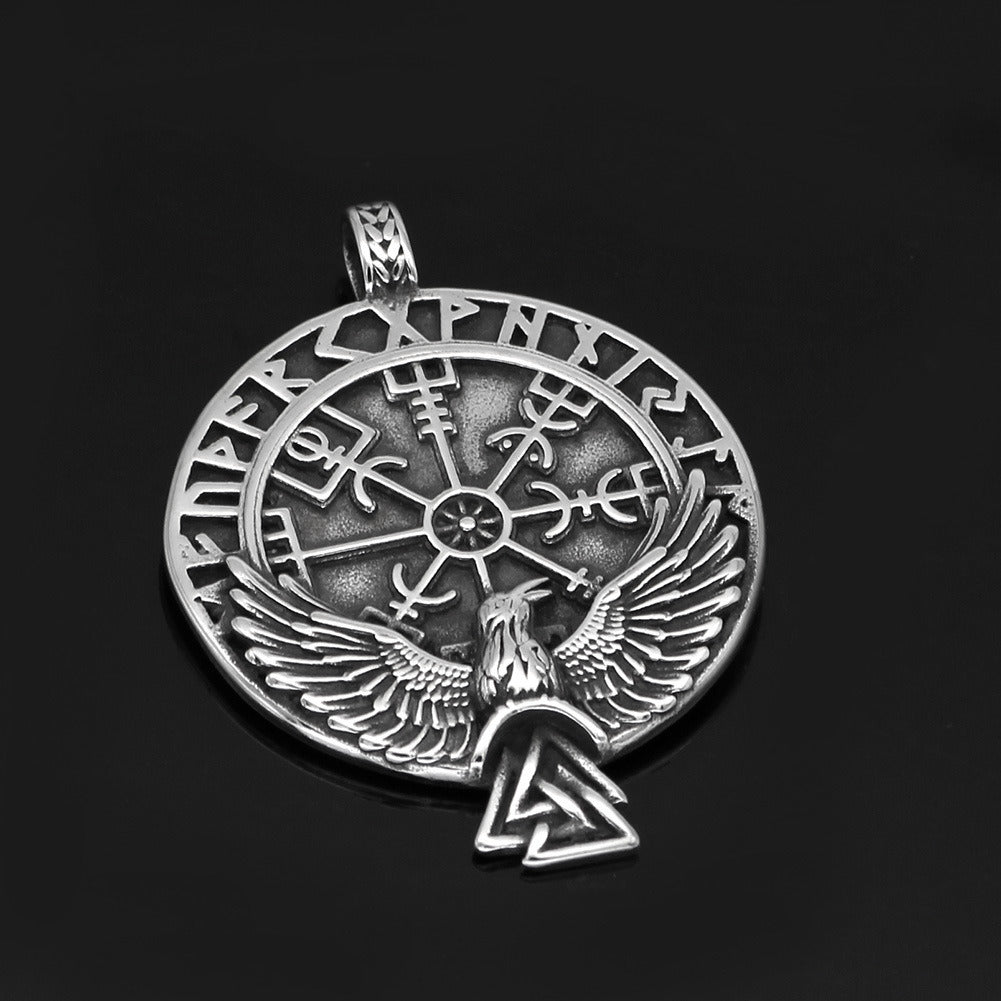 Stainless Steel Viking Rune Triangle Raven Compass Necklace