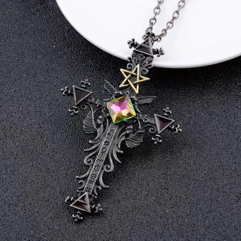 Angel Wings Embrace Colored Gemstone Cross Necklace