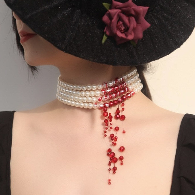 Bite Mark Blood Pearl Necklace Hoop Choker