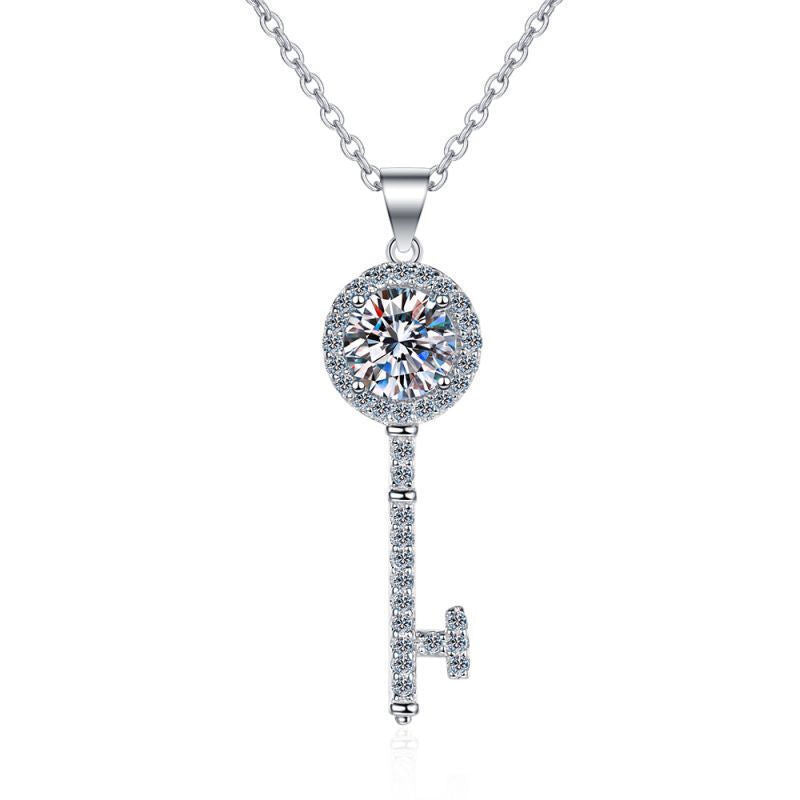 Platinum Mosang Stone Love Key Pendant Necklace