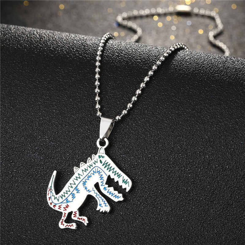 Creative Punk Cute Stainless Steel Painted Small Dinosaur Necklace Movable Animal Pendant