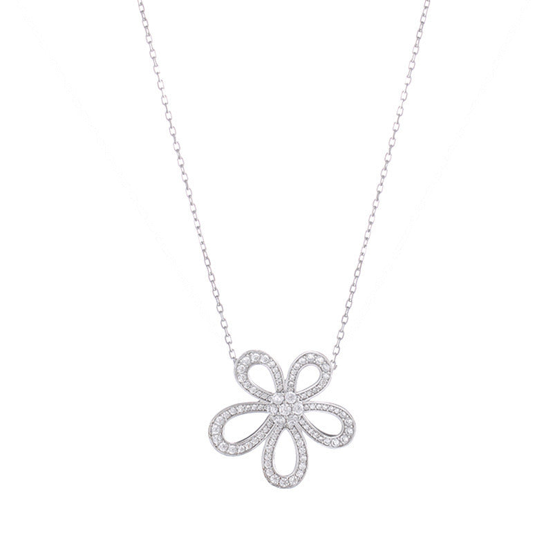 Full Diamond Five Petal Flower Pendant Necklace