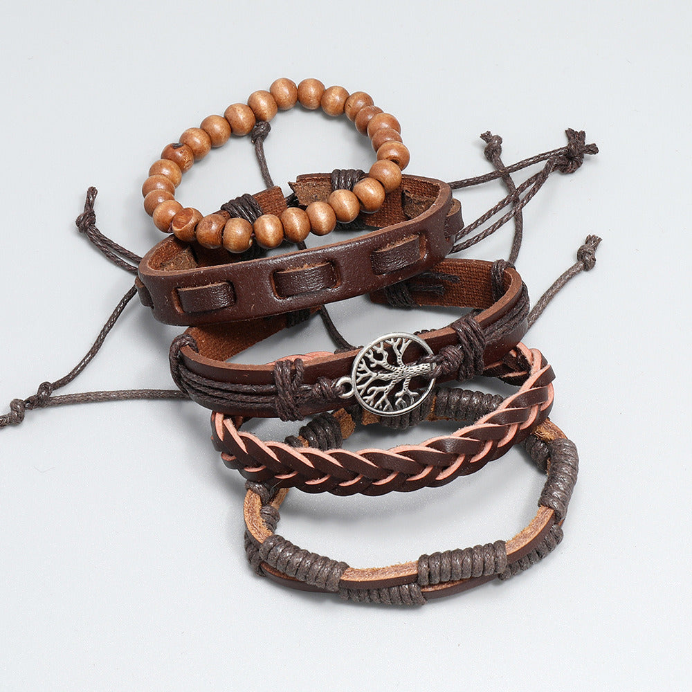 Personality Handmade Weave Vintage Leather Bracelet Diy5 Piece Set Lucky Tree Set Bracelet