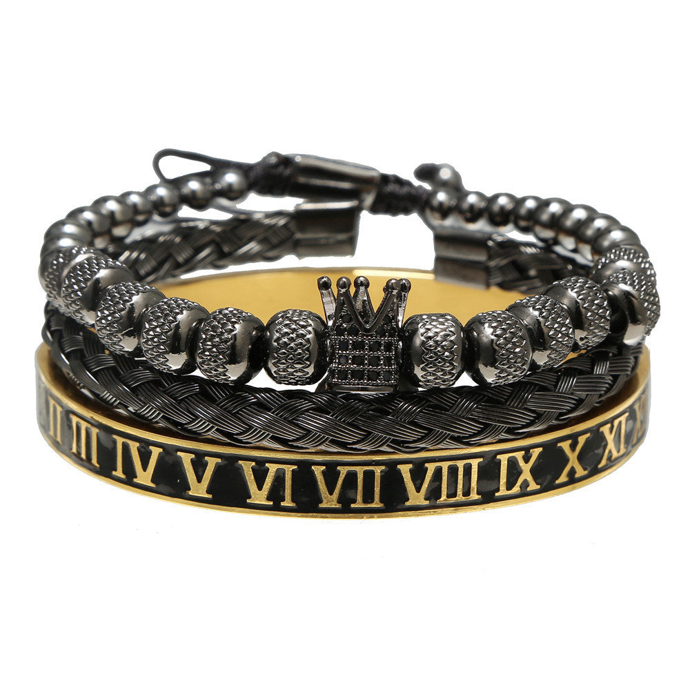 European And American Retro Easy Matching Crown Woven Brace Lace Bracelet Set Dripping Roman Letters Woven Stainless Steel Bracelet