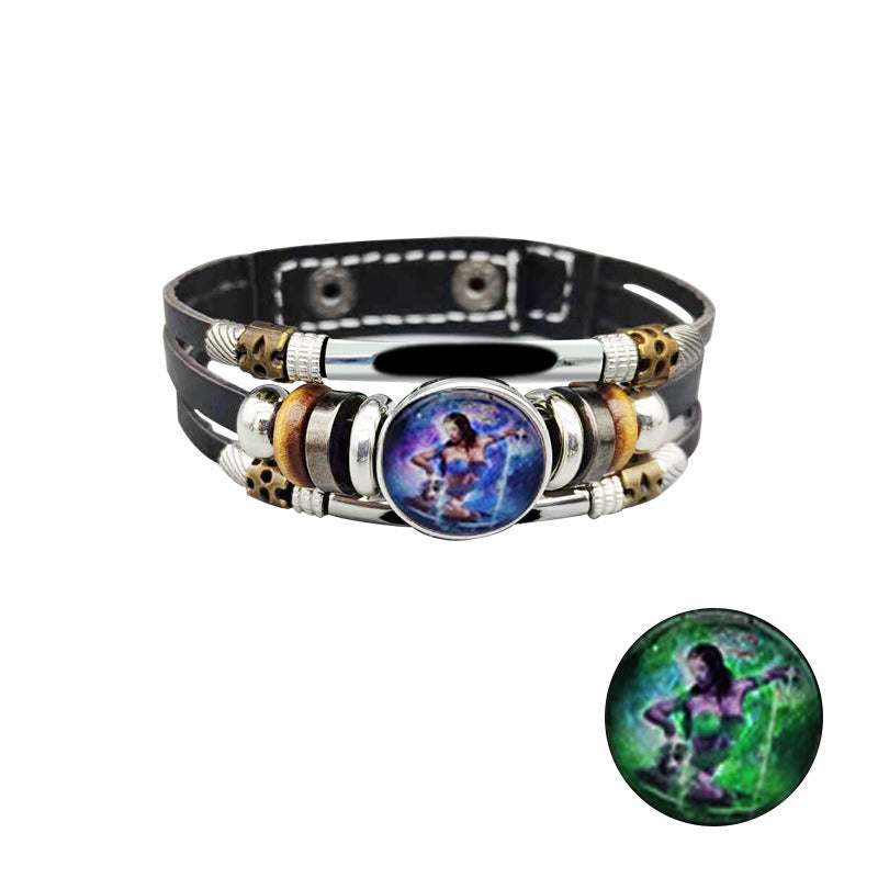 European And American Retro Step-on Line Buckle Twelve Constellation Luminous Bracelet Ornament Leather Bracelet Men's And Women's Bracelet