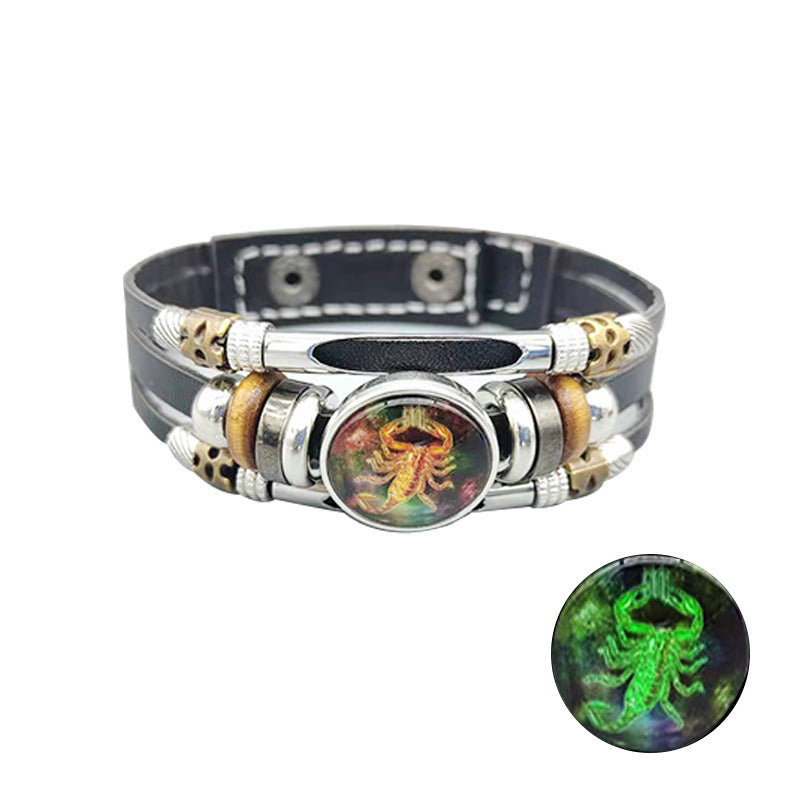 European And American Retro Step-on Line Buckle Twelve Constellation Luminous Bracelet Ornament Leather Bracelet Men's And Women's Bracelet