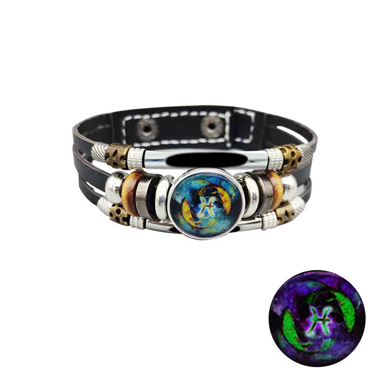 European And American Retro Step-on Line Buckle Twelve Constellation Luminous Bracelet Ornament Leather Bracelet Men's And Women's Bracelet