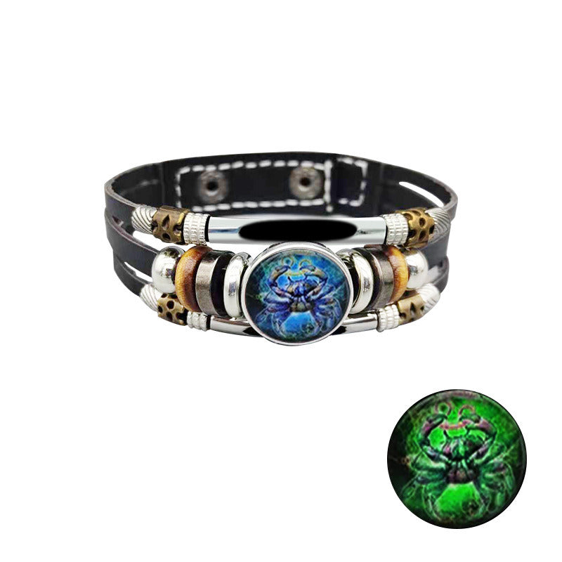 European And American Retro Step-on Line Buckle Twelve Constellation Luminous Bracelet Ornament Leather Bracelet Men's And Women's Bracelet