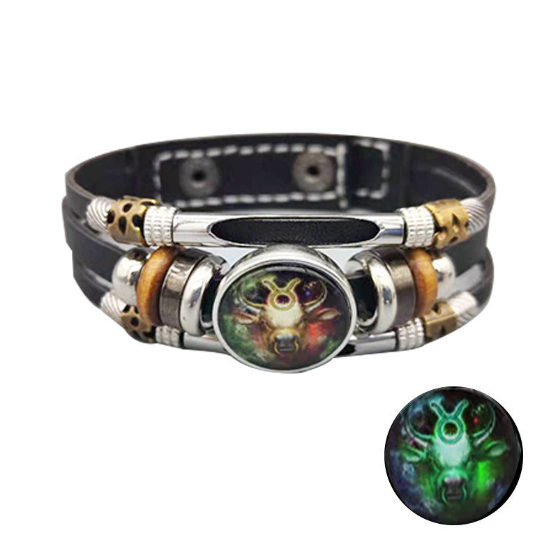 European And American Retro Step-on Line Buckle Twelve Constellation Luminous Bracelet Ornament Leather Bracelet Men's And Women's Bracelet