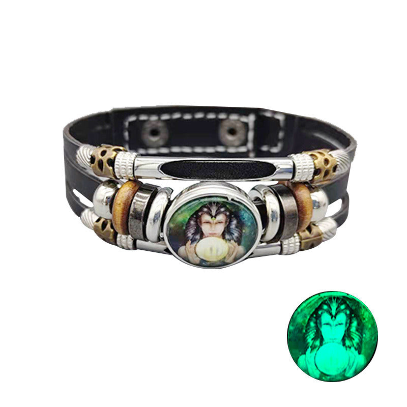 European And American Retro Step-on Line Buckle Twelve Constellation Luminous Bracelet Ornament Leather Bracelet Men's And Women's Bracelet