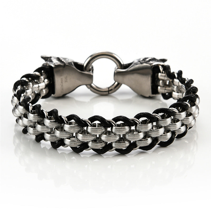 European And American Punk Stainless Steel Double Wolf Head Buckle Woven Men's Bracelet