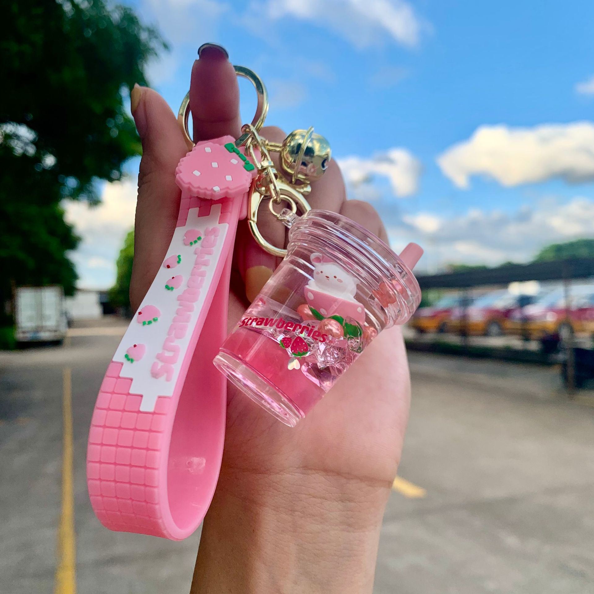 Floating Strawberry Bear Oil Key Chain Pendant