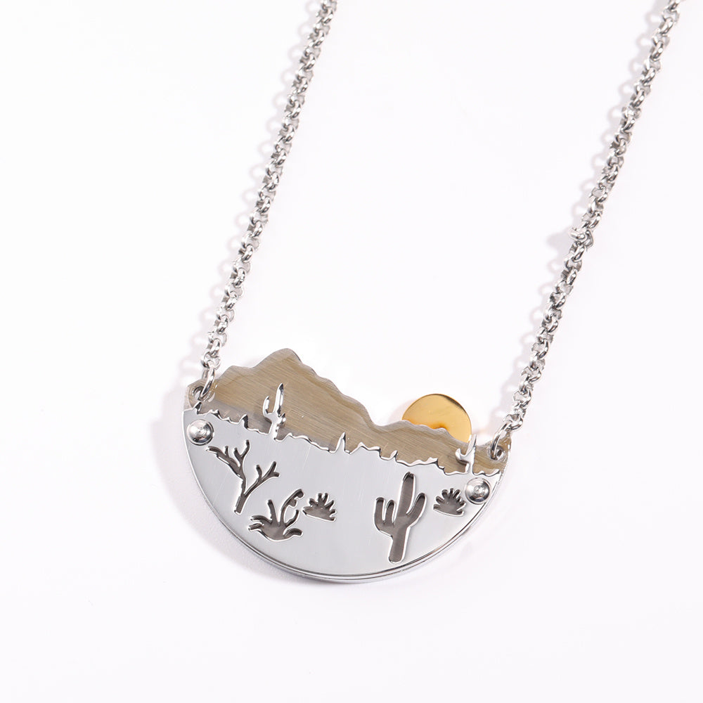 Landscape Necklace Steel Color Forest Moon Mountains